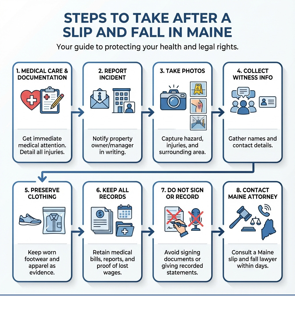 Infographic showing steps after a slip and fall: 1. Get immediate medical care and document all injuries. 2. Report the incident to property owner/manager in writing. 3. Take photos of hazard, your injuries, and surrounding area. 4. Collect witness names and contact information. 5. Preserve clothing and footwear worn during fall. 6. Keep all medical records, bills, and proof of lost wages. 7. Do not sign any documents or give recorded statements to insurance. 8. Contact a Maine slip and fall attorney within days of your accident. - slip and fall attorney infographic Infographic showing steps after a slip and fall: 1. Get immediate medical care and document all injuries. 2. Report the incident to property owner/manager in writing. 3. Take photos of hazard, your injuries, and surrounding area. 4. Collect witness names and contact information. 5. Preserve clothing and footwear worn during fall. 6. Keep all medical records, bills, and proof of lost wages. 7. Do not sign any documents or give recorded statements to insurance. 8. Contact a Maine slip and fall attorney within days of your accident. - slip and fall attorney infographic