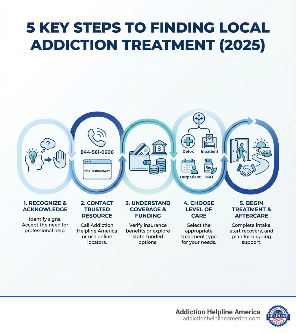 Infographic showing the 5 key steps to finding local addiction treatment: Step 1 - Recognize the signs and acknowledge the need for help; Step 2 - Contact a trusted resource like Addiction Helpline America at 844-561-0606 or use FindTreatment.gov; Step 3 - Understand your insurance coverage or explore state-funded options; Step 4 - Choose the right level of care (detox, inpatient, outpatient, or MAT); Step 5 - Complete intake, begin treatment, and plan for aftercare support - local drug rehab infographic 