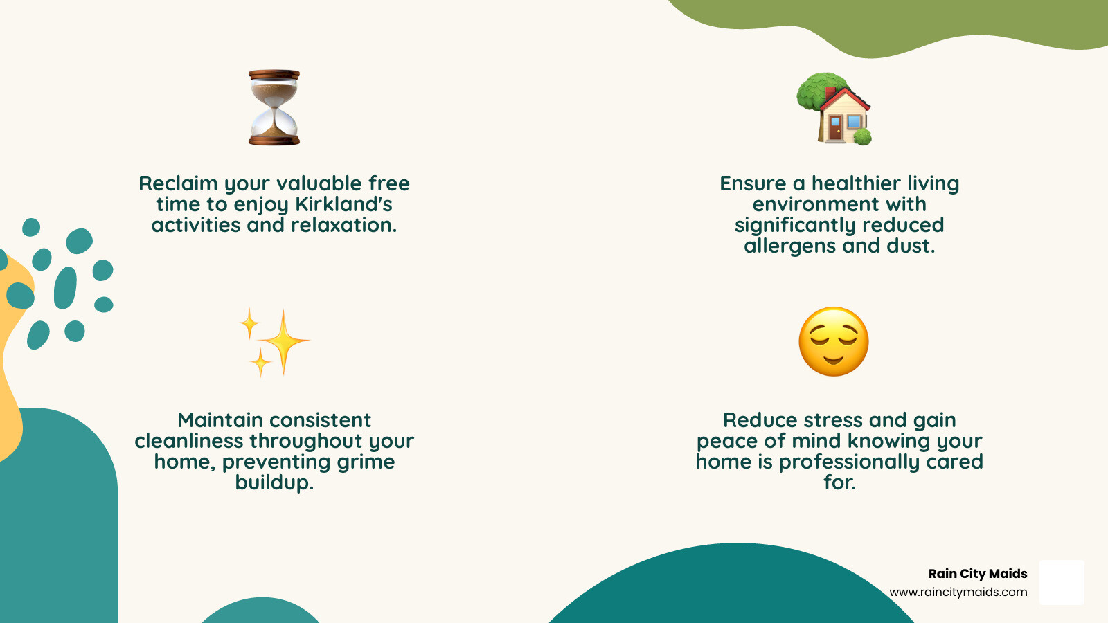 infographic showing the benefits of recurring cleaning: time savings, healthier home environment, reduced allergens and dust, consistent cleanliness, stress reduction, and flexible scheduling options for weekly, bi-weekly, and monthly visits