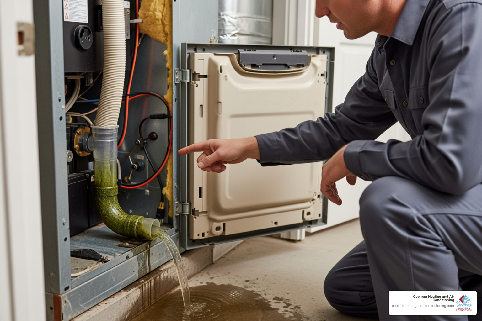 Technician pointing to a clogged AC drain line - AC unit leaking water Technician pointing to a clogged AC drain line - AC unit leaking water