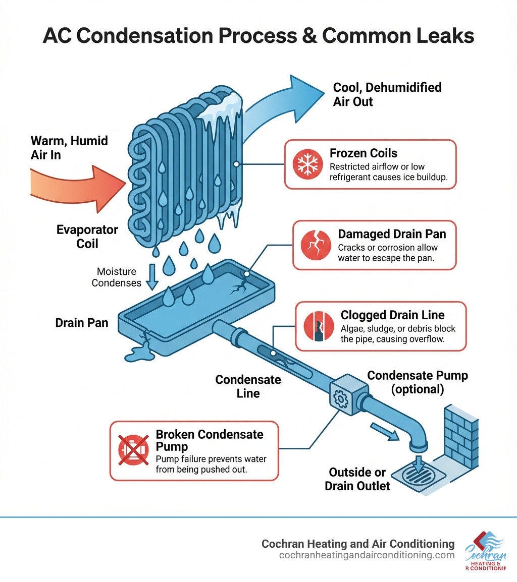 Infographic showing the AC condensation process: warm air passes over evaporator coil, moisture condenses into water droplets, water collects in drain pan, drains through condensate line to outside or drain, with callouts showing where common problems occur—clogged drain line, frozen coils, damaged drain pan, broken condensate pump - AC unit leaking water infographic Infographic showing the AC condensation process: warm air passes over evaporator coil, moisture condenses into water droplets, water collects in drain pan, drains through condensate line to outside or drain, with callouts showing where common problems occur—clogged drain line, frozen coils, damaged drain pan, broken condensate pump - AC unit leaking water infographic