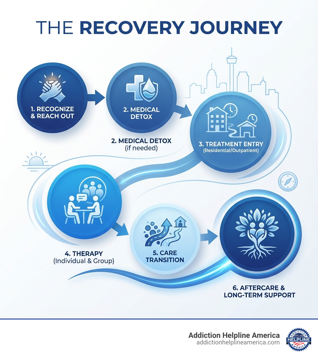 Infographic showing the recovery journey: Step 1 - Recognize the problem and reach out for help, Step 2 - Complete medical detox if needed, Step 3 - Enter residential or outpatient treatment, Step 4 - Participate in individual and group therapy, Step 5 - Transition to lower levels of care, Step 6 - Engage in aftercare and alumni support for long-term recovery - substance abuse treatment facility san antonio texas infographic 