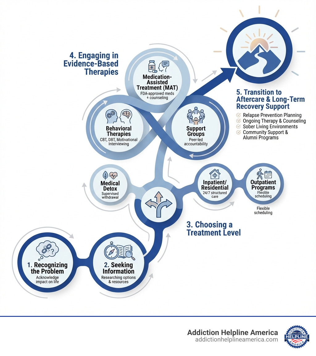 Infographic showing the journey from recognizing addiction to initial treatment contact, including key decision points: recognizing the problem, seeking information, choosing a treatment level (detox, inpatient, outpatient), engaging in evidence-based therapies (behavioral therapy, MAT, support groups), and transitioning to aftercare and long-term recovery support - drug abuse treatment programs infographic 