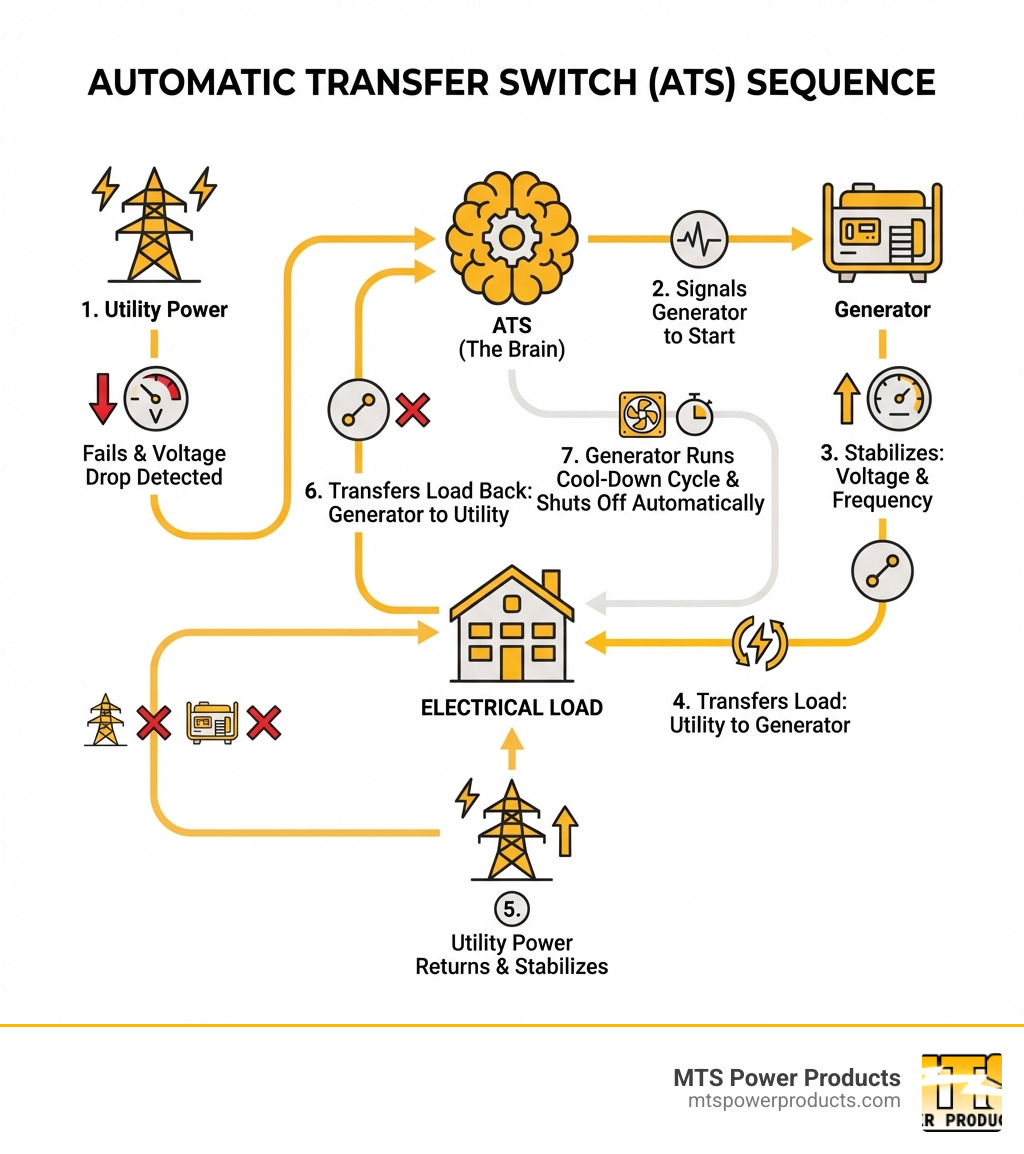 Infographic showing the automatic transfer switch sequence: 1. Utility power fails and ATS detects voltage drop, 2. ATS signals generator to start, 3. Generator stabilizes and reaches acceptable voltage and frequency, 4. ATS transfers electrical load from utility to generator, 5. Utility power returns and stabilizes, 6. ATS transfers load back to utility power, 7. Generator runs cool-down cycle and shuts off automatically - automatic transfer switch infographic 