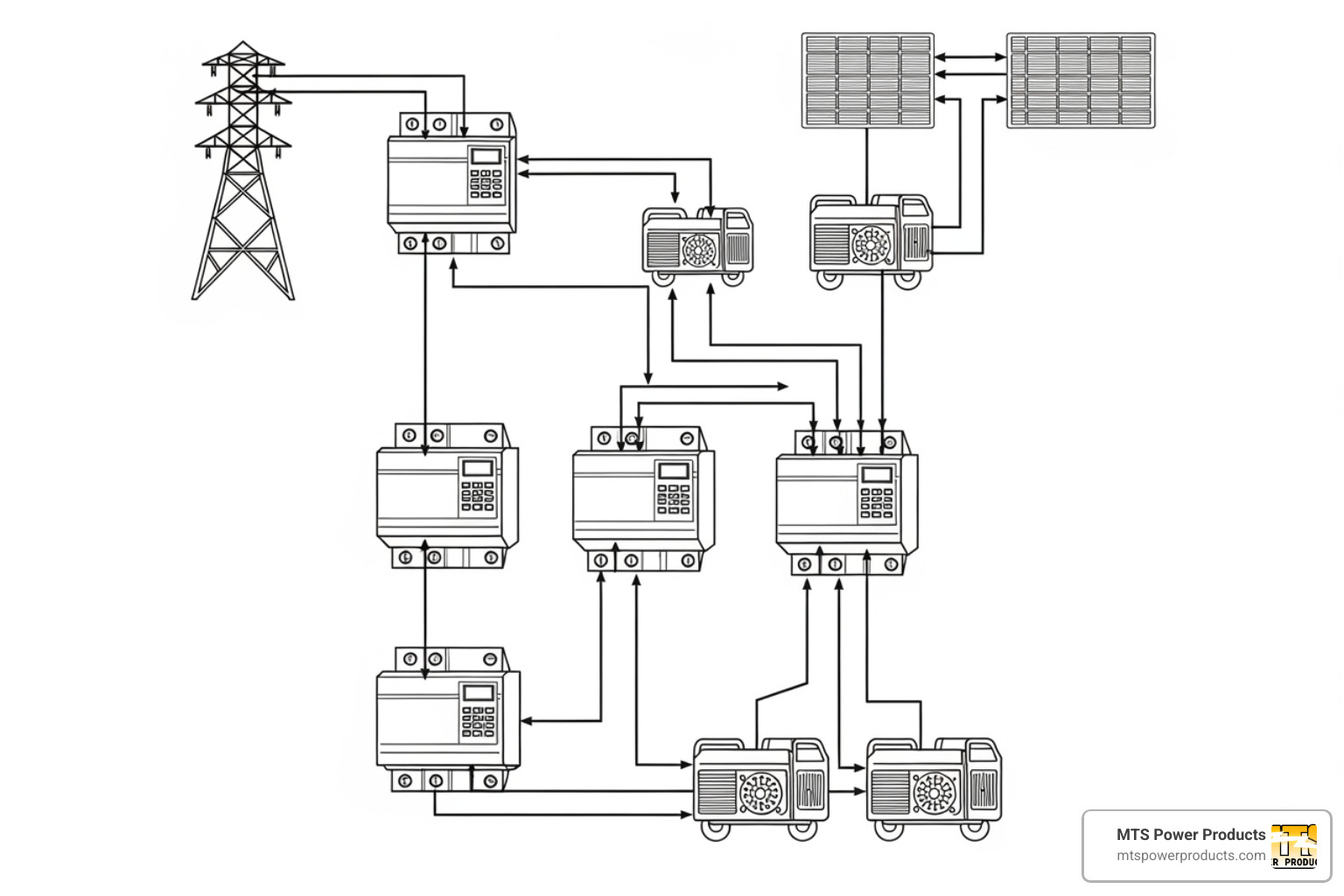 ATS configurations diagram showing utility-generator, utility-utility, and generator-generator setups - automatic transfer switch
