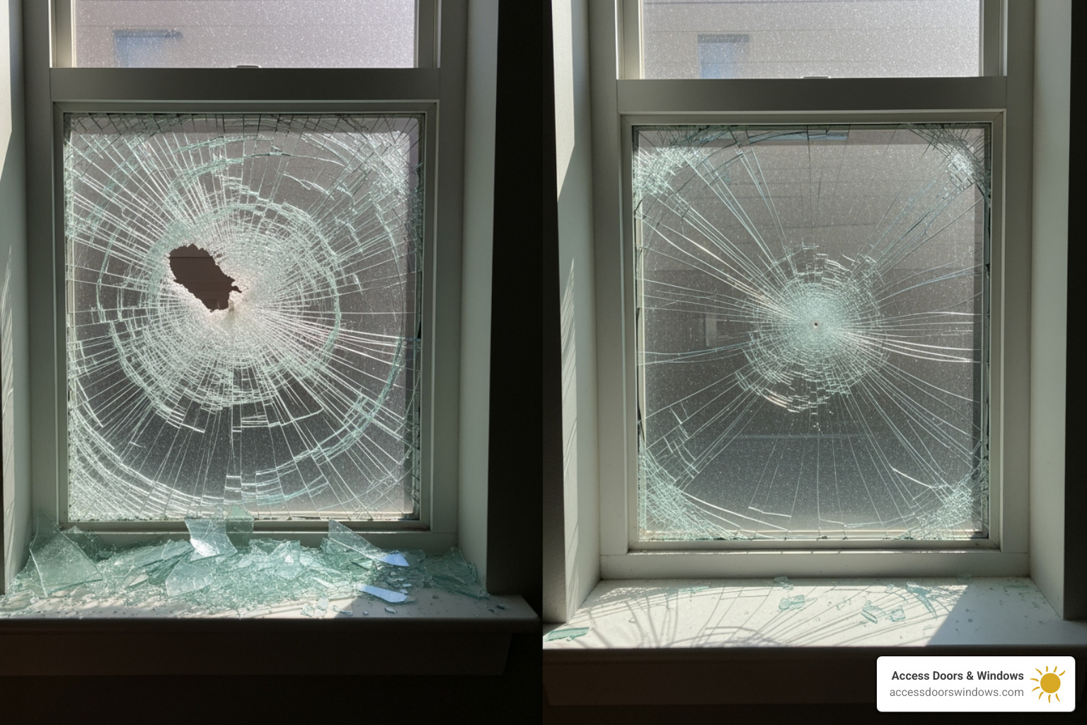Shattered regular window next to an intact impact window - how much does it cost to install hurricane impact windows