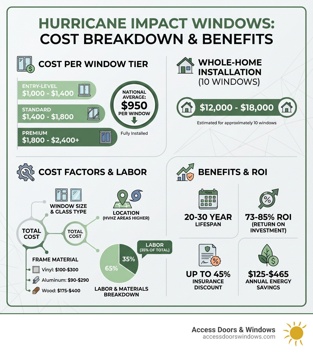 Infographic showing hurricane impact window cost breakdown: Average cost per window $950, Entry-level $1,000-$1,400, Standard $1,400-$1,800, Premium $1,800-$2,400+, Whole-home installation $12,000-$18,000 for 10 windows, Cost factors include window size, frame material (vinyl $100-$300, aluminum $90-$290, wood $175-$400), glass type, labor (35% of total), and location (HVHZ areas cost more), Plus benefits: 20-30 year lifespan, 73-85% ROI, up to 45% insurance discount, $125-$465 annual energy savings - how much does it cost to install hurricane impact windows infographic 