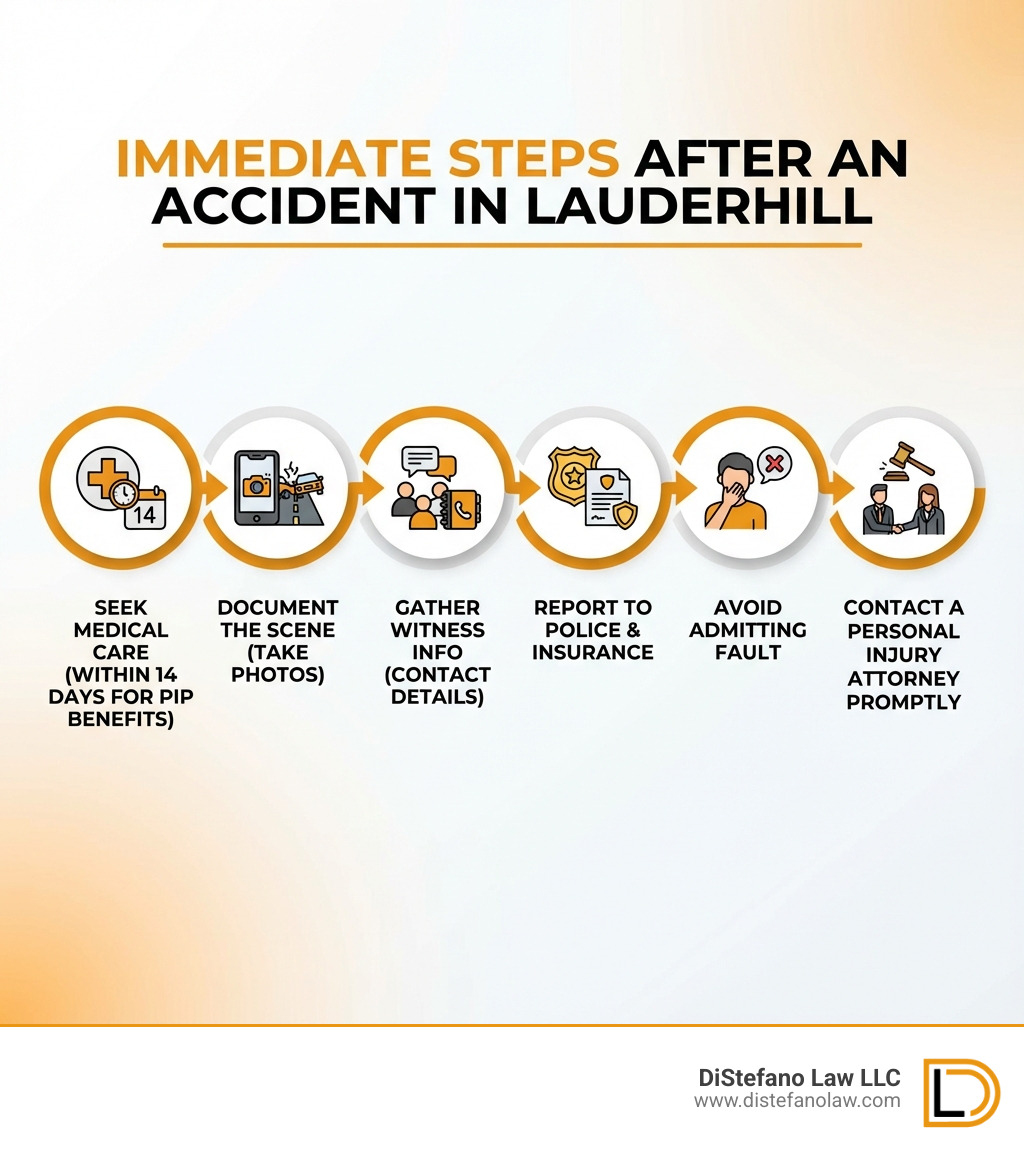 infographic showing immediate steps after an accident: seek medical care within 14 days for PIP benefits, document the scene with photos, gather witness contact information, report to police and insurance, avoid admitting fault, contact a personal injury attorney promptly - Personal injury attorney lauderhill infographic 