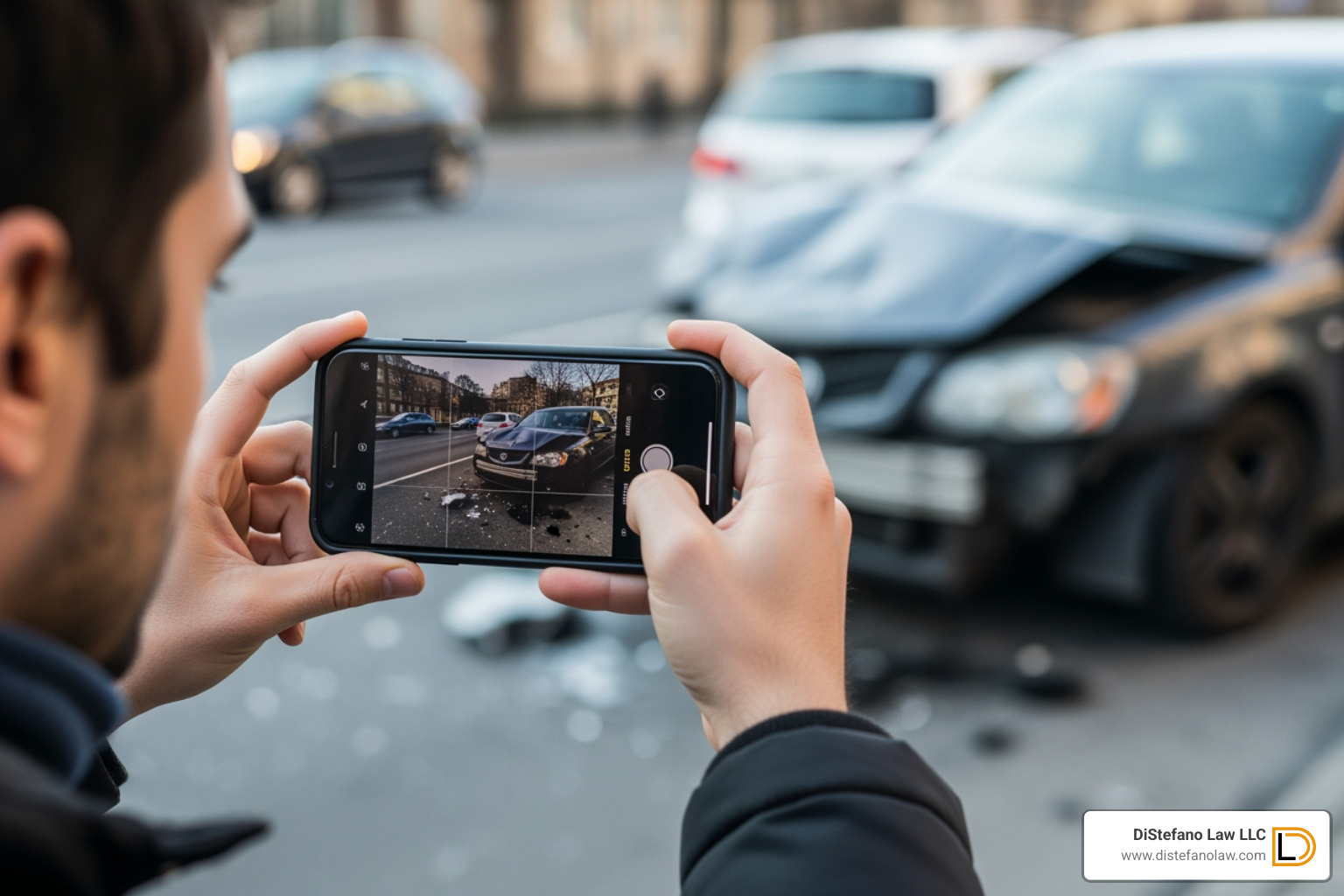 person taking photos of a car accident with their phone - south florida injury law