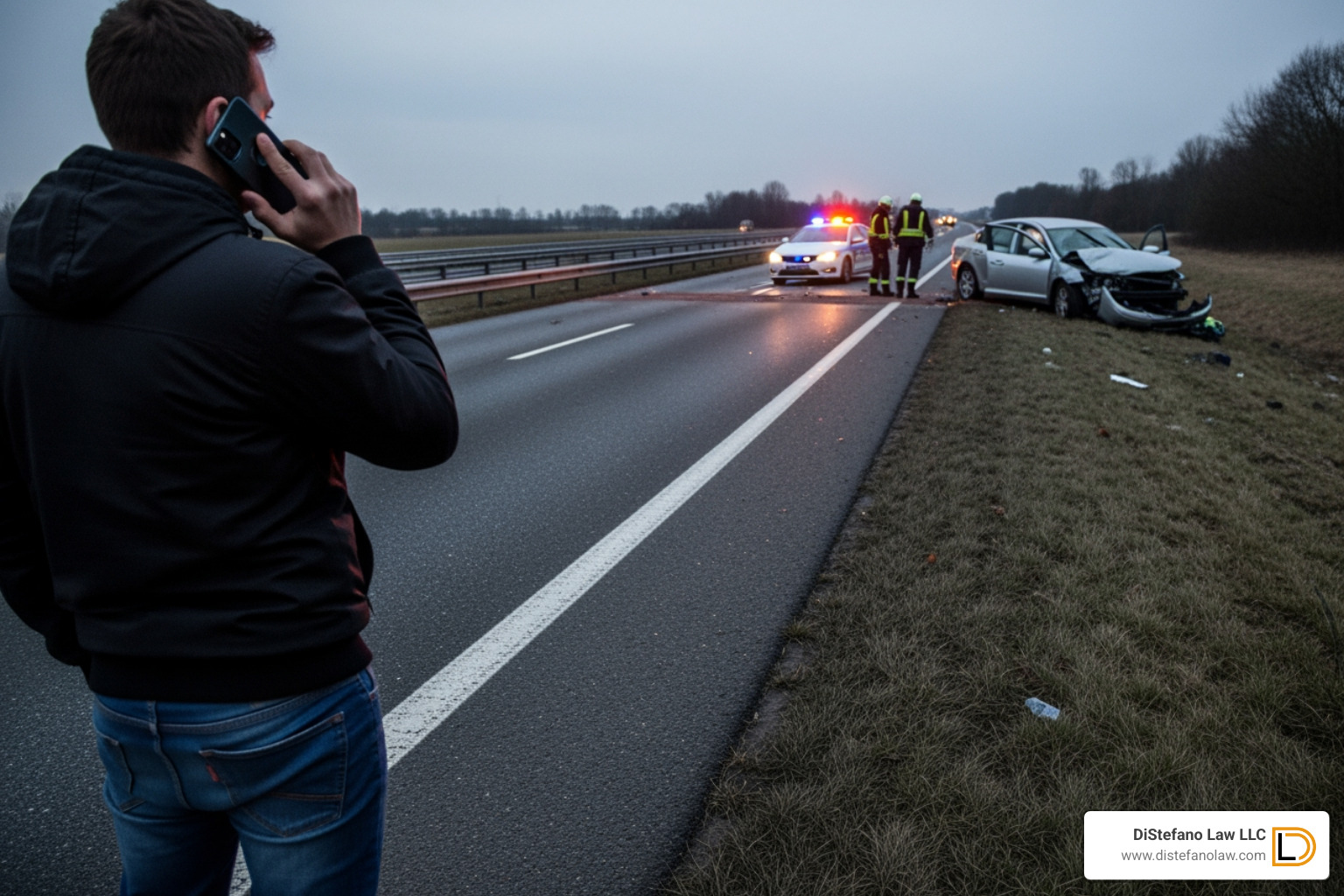person on the phone at an accident scene with a police car in the background - pedestrian accident attorney fort lauderdale