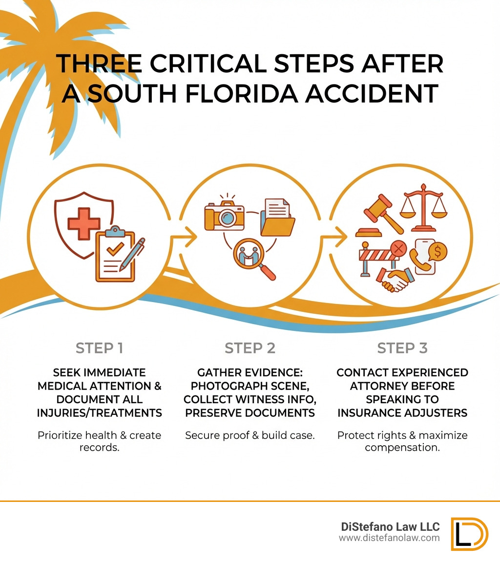 Infographic showing three critical steps after a South Florida accident: Step 1 - Seek immediate medical attention and document all injuries and treatments; Step 2 - Gather evidence by photographing the scene, collecting witness information, and preserving all relevant documents; Step 3 - Contact an experienced personal injury attorney before speaking with insurance adjusters to protect your rights and maximize your compensation - south florida injury law infographic 
