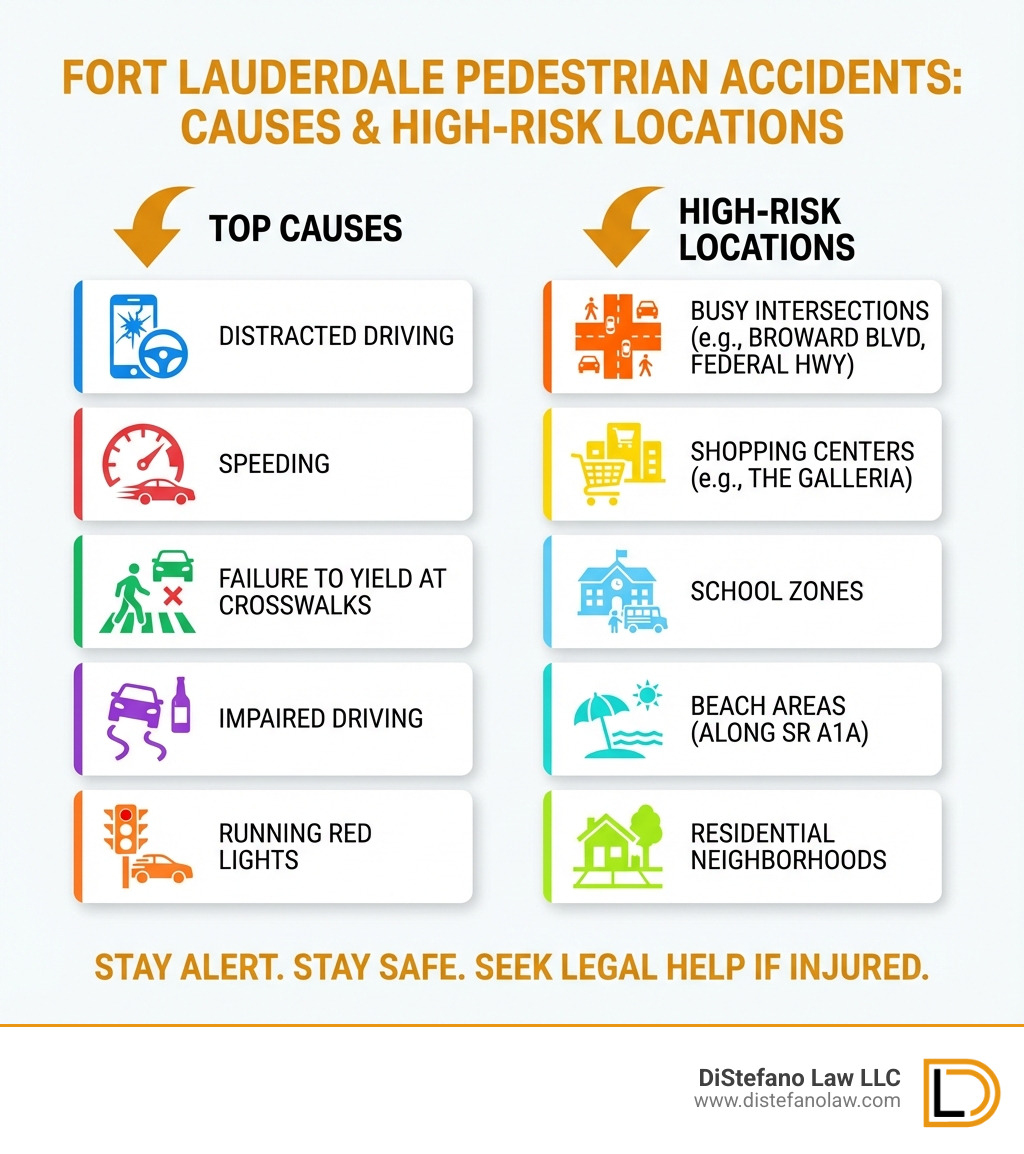 Infographic showing the top causes of pedestrian accidents in Fort Lauderdale: distracted driving, speeding, failure to yield at crosswalks, impaired driving, and running red lights. Also displays high-risk locations including busy intersections like Broward Boulevard and Federal Highway, shopping centers like The Galleria, school zones, beach areas along SR A1A, and residential neighborhoods. - pedestrian accident attorney fort lauderdale infographic 
