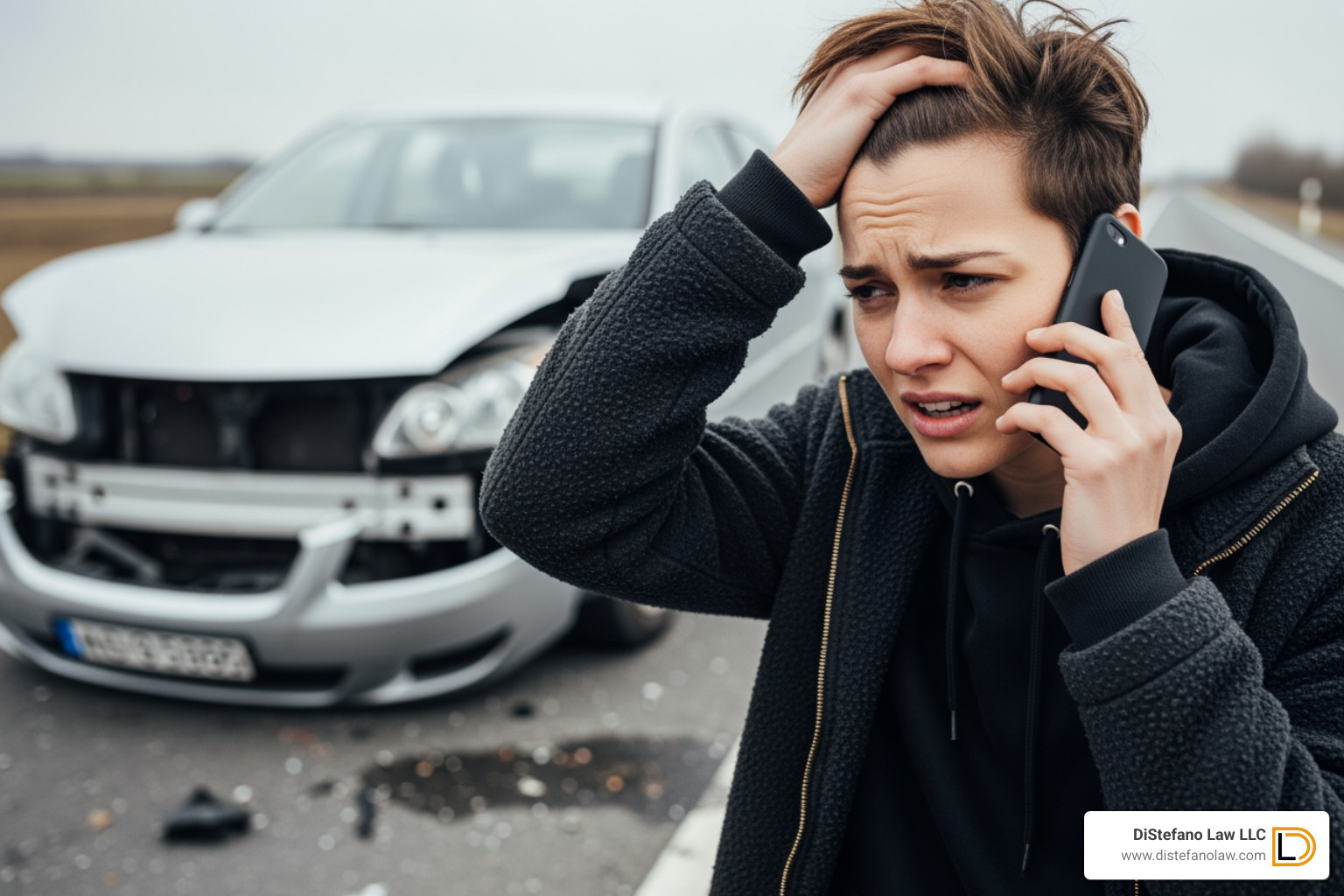 person looking stressed while on the phone, with a damaged car in the background - lawyer for car accident no injury