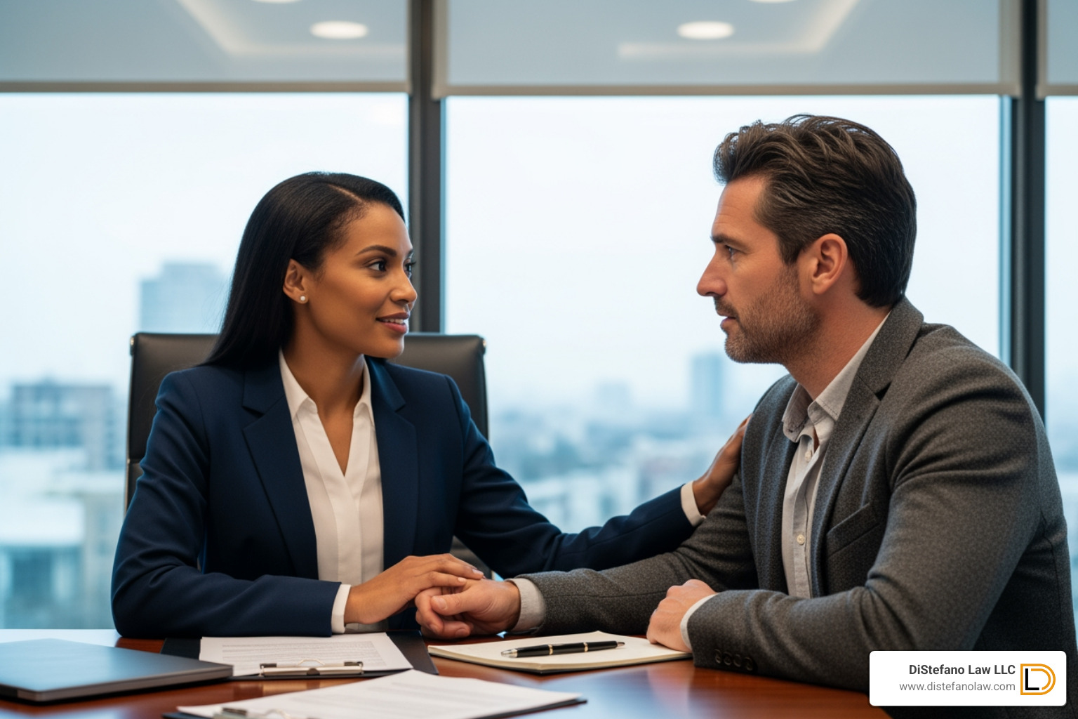compassionate lawyer meeting with a client in an office setting - lawyer for car accident no injury