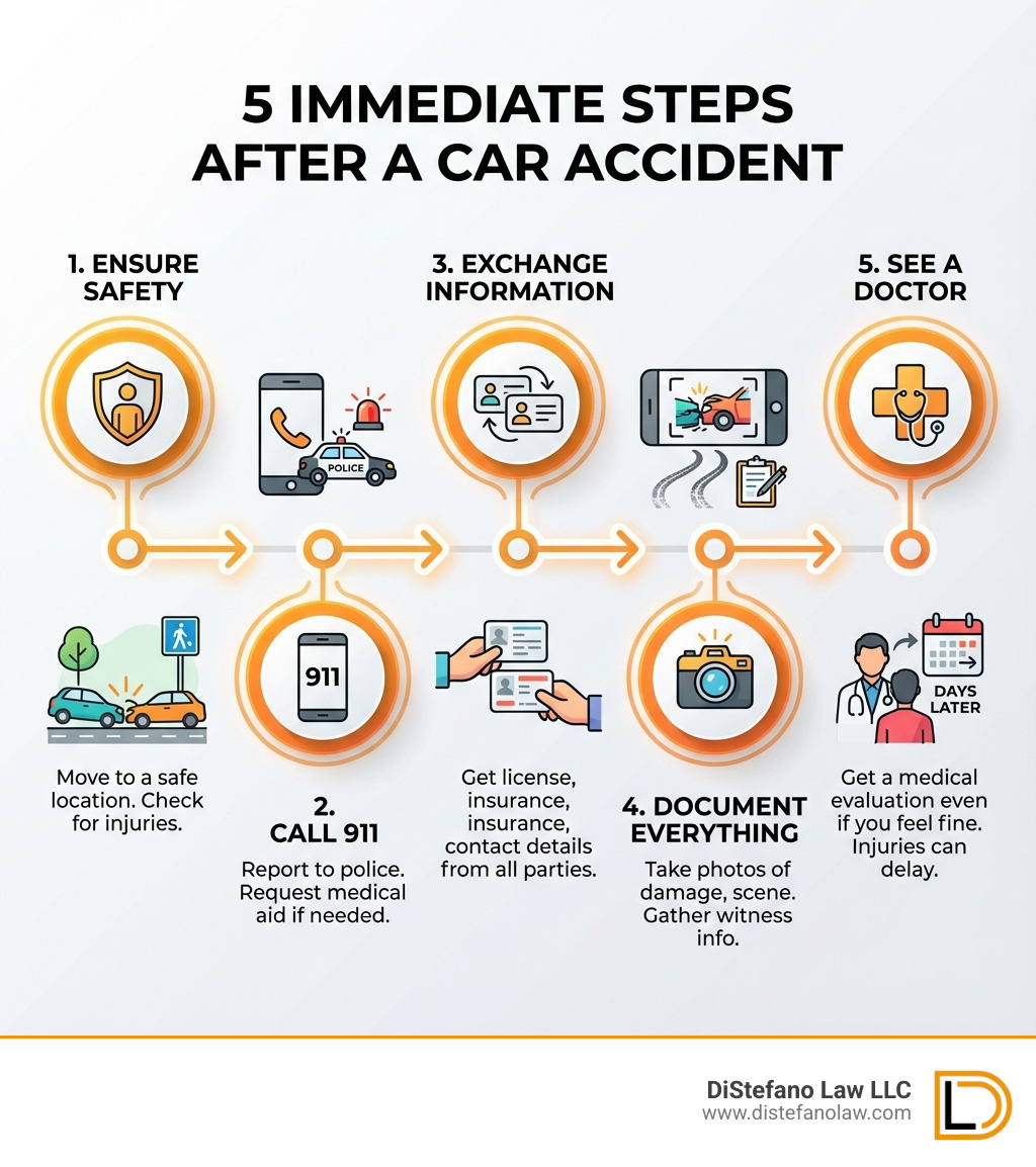 Infographic showing 5 immediate steps after a car accident: 1. Ensure Safety - Move to a safe location if possible and check for injuries. 2. Call 911 - Report the accident to police and request medical assistance if needed. 3. Exchange Information - Get driver's license, insurance details, and contact information from all parties. 4. Document Everything - Take photos of vehicles, damage, scene, and gather witness contact information. 5. See a Doctor - Get a medical evaluation even if you feel fine, as injuries can appear days later. - lawyer for car accident no injury infographic 