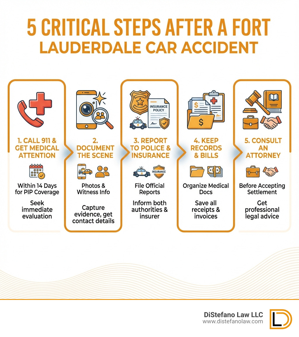 Infographic showing 5 critical steps after a Fort Lauderdale car accident: 1. Call 911 and get medical attention within 14 days for PIP coverage, 2. Document the scene with photos and witness information, 3. Report to police and your insurance company, 4. Keep all medical records and bills organized, 5. Consult an attorney before accepting any settlement offer - Fort Lauderdale car crash settlement infographic 