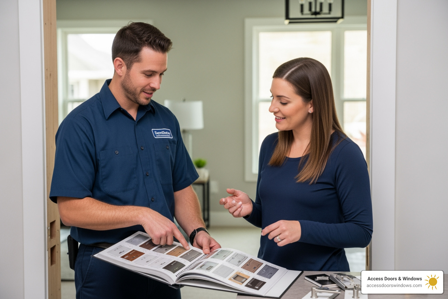 Access Doors & Windows installer discussing options with homeowner - door installation services