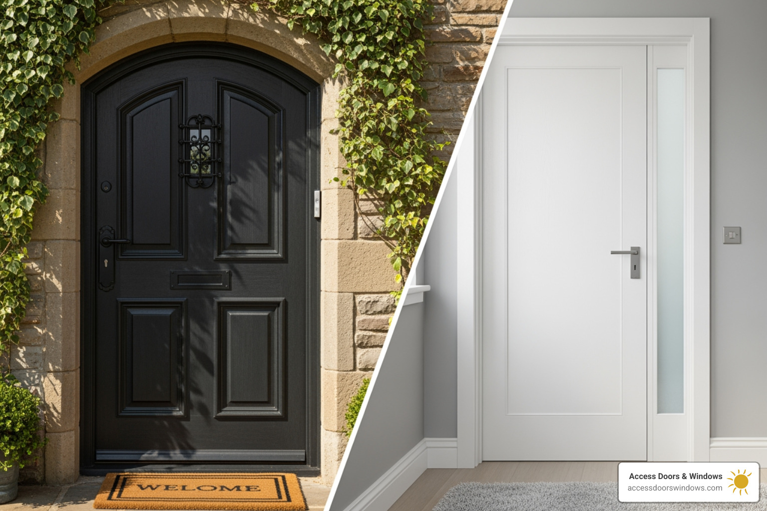 Split view of exterior and interior doors - door installation services