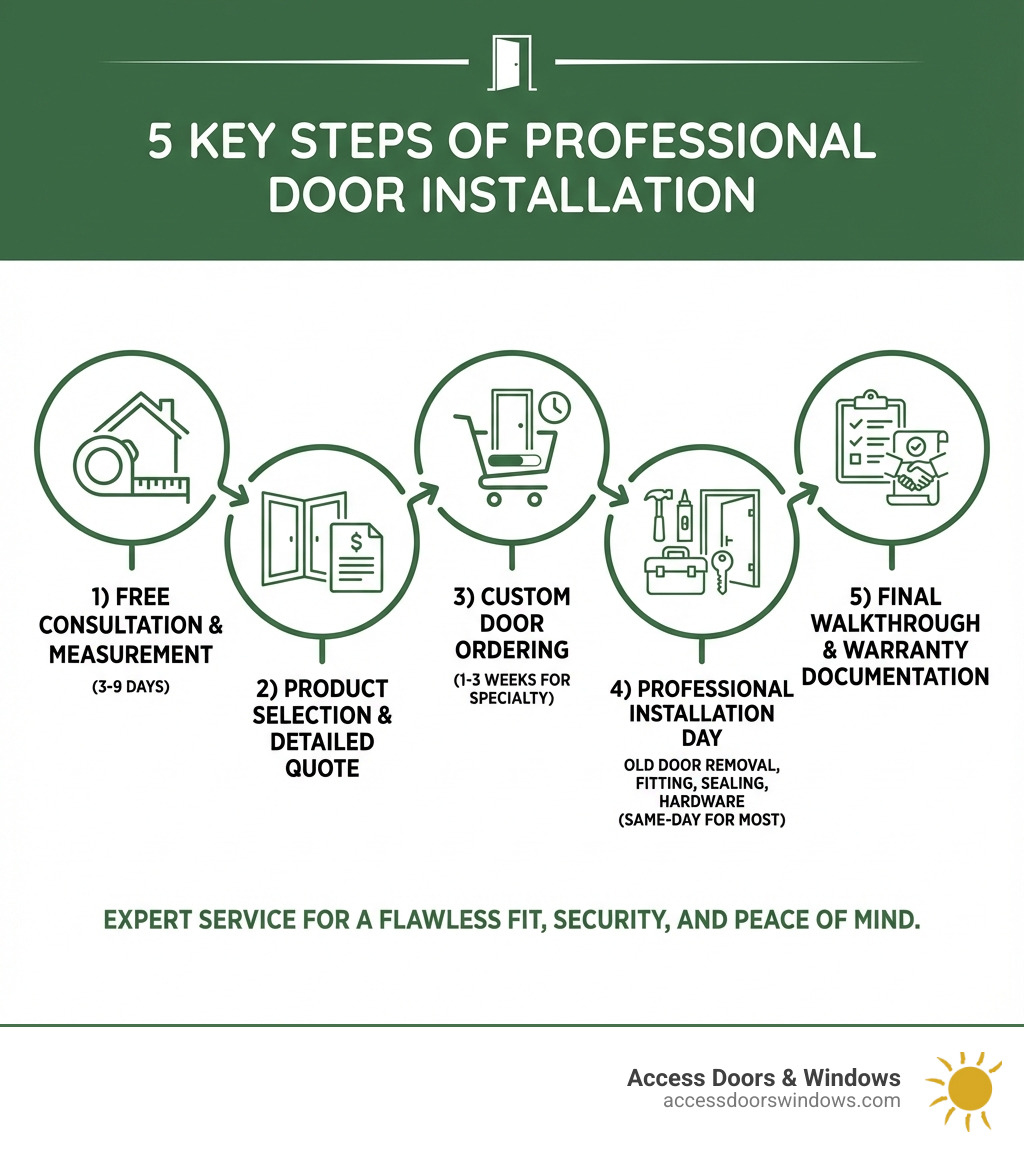 Infographic showing the 5 key steps of professional door installation: 1) Free consultation and measurement (3-9 days), 2) Product selection and detailed quote, 3) Custom door ordering (1-3 weeks for specialty), 4) Professional installation day with old door removal, fitting, sealing, and hardware (same-day for most), 5) Final walkthrough and warranty documentation - door installation services infographic 