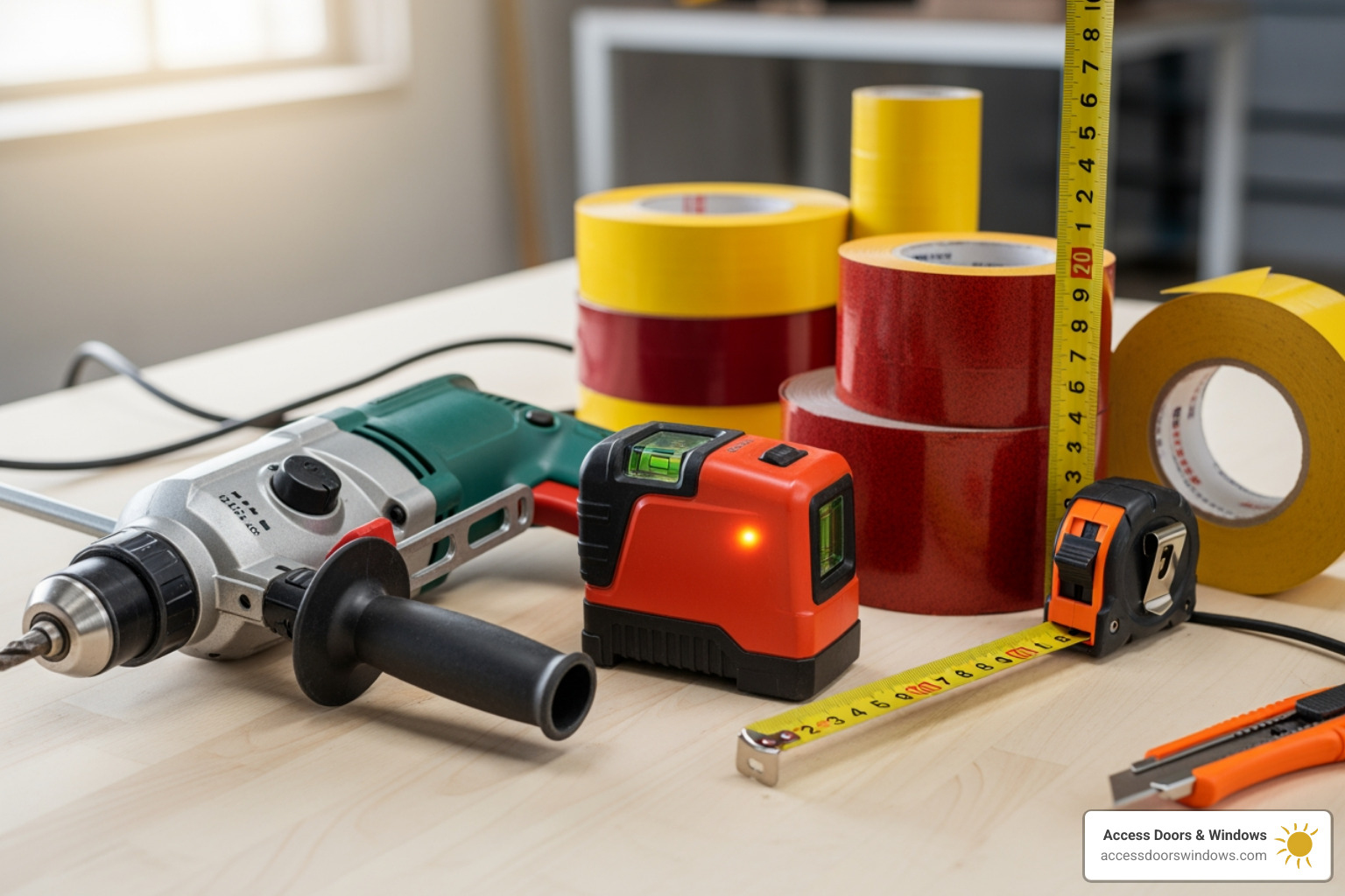 Essential tools like a hammer drill, laser level, and flashing tape laid out - how to install hurricane windows