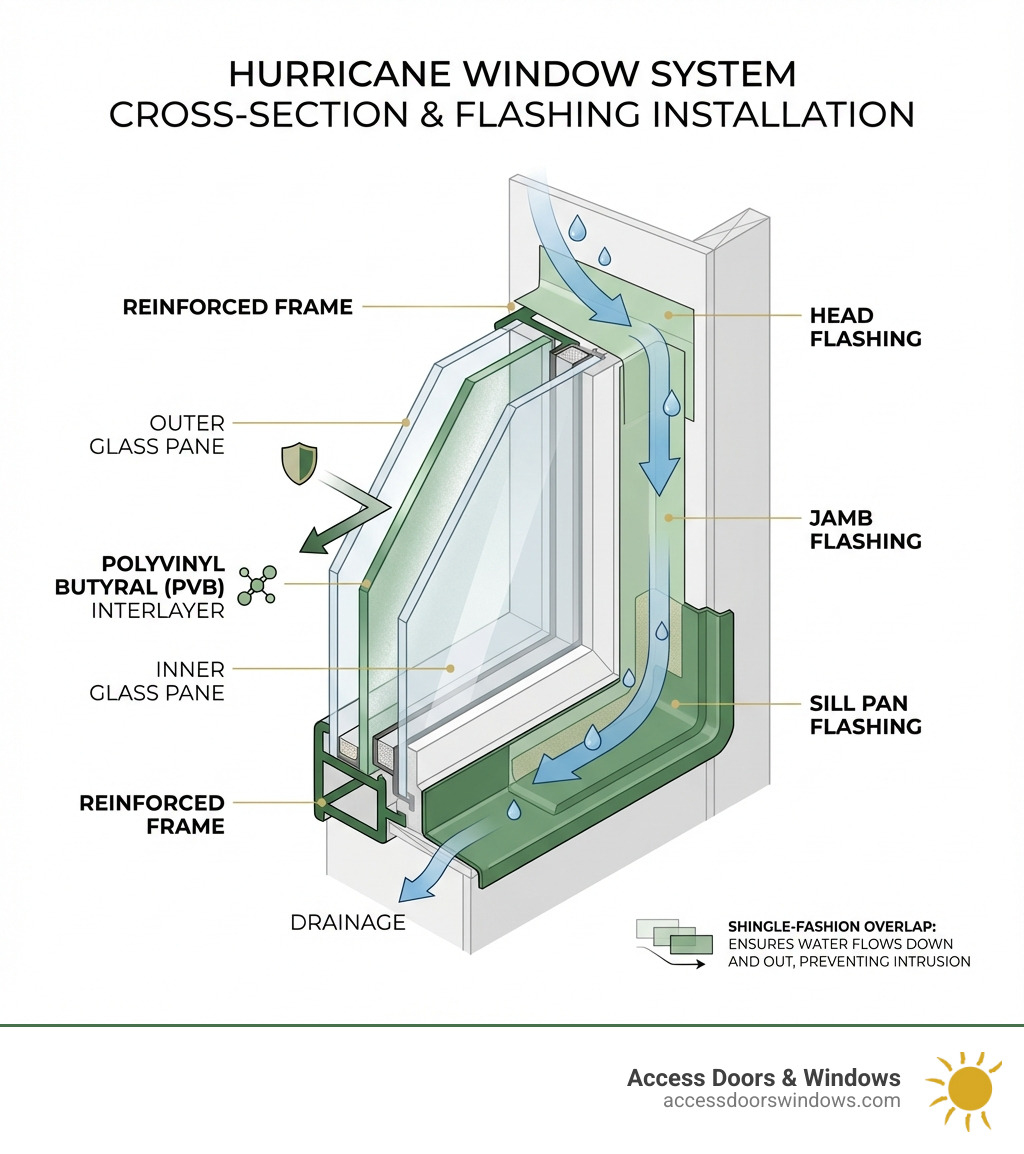 Detailed cross-section infographic showing the layers of a hurricane impact window including the outer glass pane, polyvinyl butyral PVB interlayer, inner glass pane, reinforced frame, and proper flashing installation with sill pan, jamb flashing, and head flashing in shingle-fashion overlap to prevent water intrusion - how to install hurricane windows infographic 