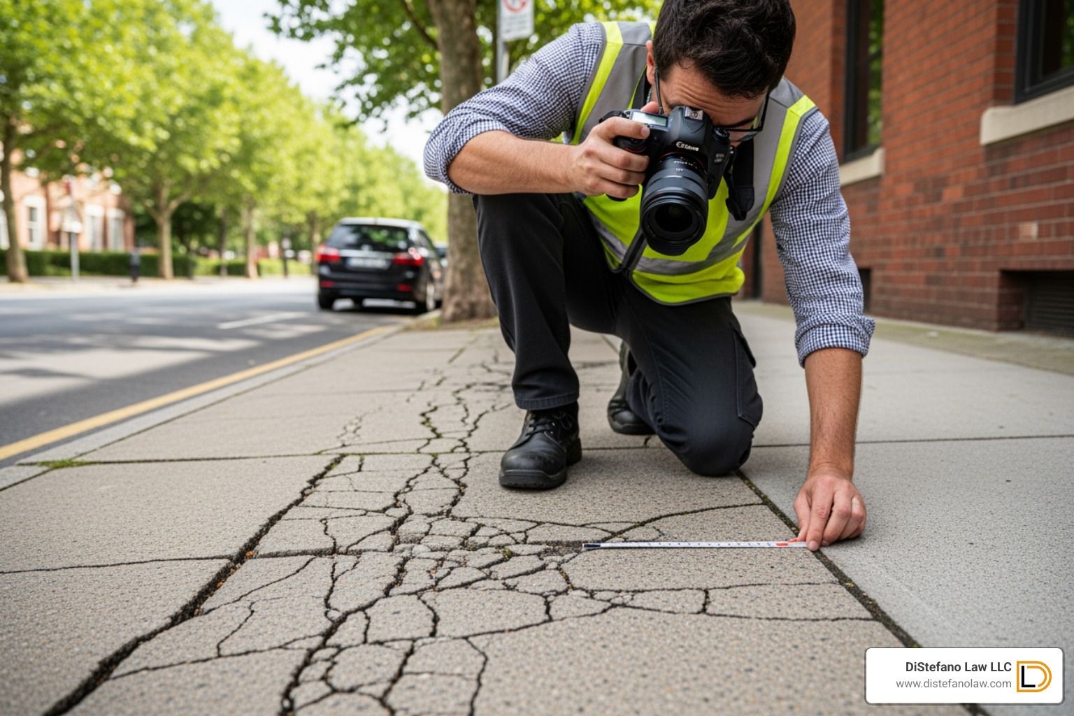 investigator taking photos of cracked sidewalk - slip and fall personal injury attorney fort lauderdale