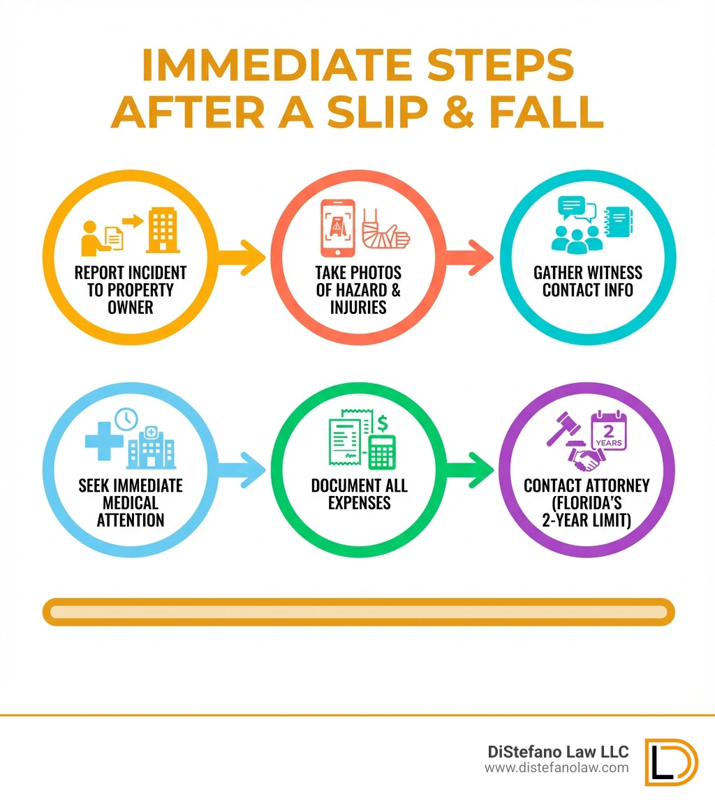 infographic showing immediate steps after a slip and fall including reporting the incident to property owner, taking photos of the hazard and injuries, gathering witness contact information, seeking medical attention immediately, documenting all expenses, and contacting an attorney within Florida's two-year statute of limitations - slip and fall personal injury attorney fort lauderdale infographic 