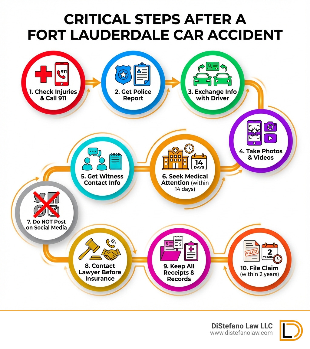 Infographic showing critical steps after a Fort Lauderdale car accident: 1) Check for injuries and call 911, 2) Get a police report, 3) Exchange information with other driver, 4) Take photos and videos of the scene, 5) Get witness contact information, 6) Seek medical attention within 14 days, 7) Do NOT post on social media, 8) Contact a car accident lawyer before speaking to insurance companies, 9) Keep all receipts and medical records, 10) File your claim within 2 years - ft lauderdale car accident lawyer infographic Infographic showing critical steps after a Fort Lauderdale car accident: 1) Check for injuries and call 911, 2) Get a police report, 3) Exchange information with other driver, 4) Take photos and videos of the scene, 5) Get witness contact information, 6) Seek medical attention within 14 days, 7) Do NOT post on social media, 8) Contact a car accident lawyer before speaking to insurance companies, 9) Keep all receipts and medical records, 10) File your claim within 2 years - ft lauderdale car accident lawyer infographic