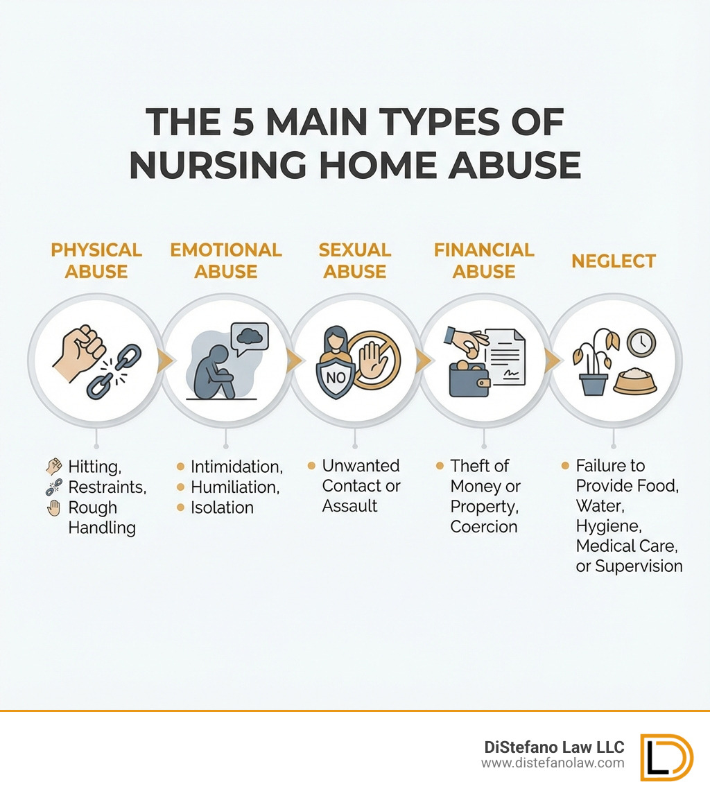 Infographic showing the 5 main types of nursing home abuse: Physical Abuse (hitting, restraints, rough handling), Emotional Abuse (intimidation, humiliation, isolation), Sexual Abuse (unwanted contact or assault), Financial Abuse (theft of money or property, coercion), and Neglect (failure to provide food, water, hygiene, medical care, or supervision) - nursing home abuse lawyer fort lauderdale infographic 