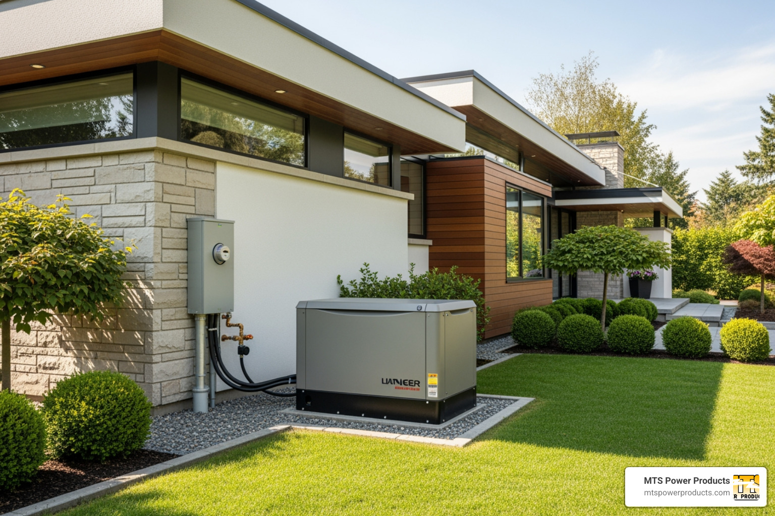 A neatly installed standby natural gas generator beside a modern home - natural gas generators
