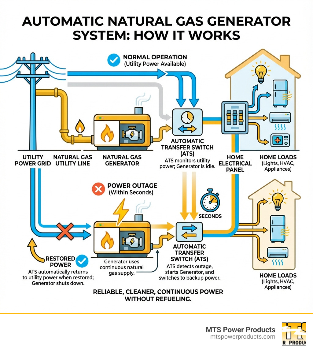 Infographic showing how a natural gas generator connects to a home's natural gas utility line and electrical panel, with automatic transfer switch detecting power outage and switching to generator power within seconds, then restoring utility power when available - natural gas generators infographic 