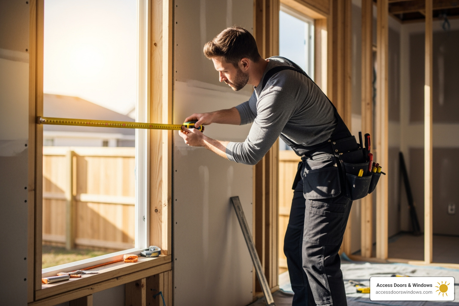 Contractor measuring a window opening - Impact window installation