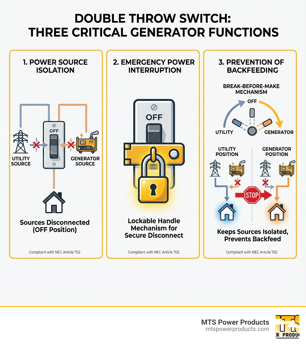 Infographic showing the three critical functions of a double throw switch for generators: 1) Power source isolation with a visual representation of utility and generator sources separated by the switch in OFF position, 2) Emergency power interruption capability with a lockable handle mechanism, and 3) Prevention of backfeeding with directional power flow arrows showing how the break-before-make mechanism keeps sources isolated, all compliant with NEC Article 702 - double throw switch for generator infographic 