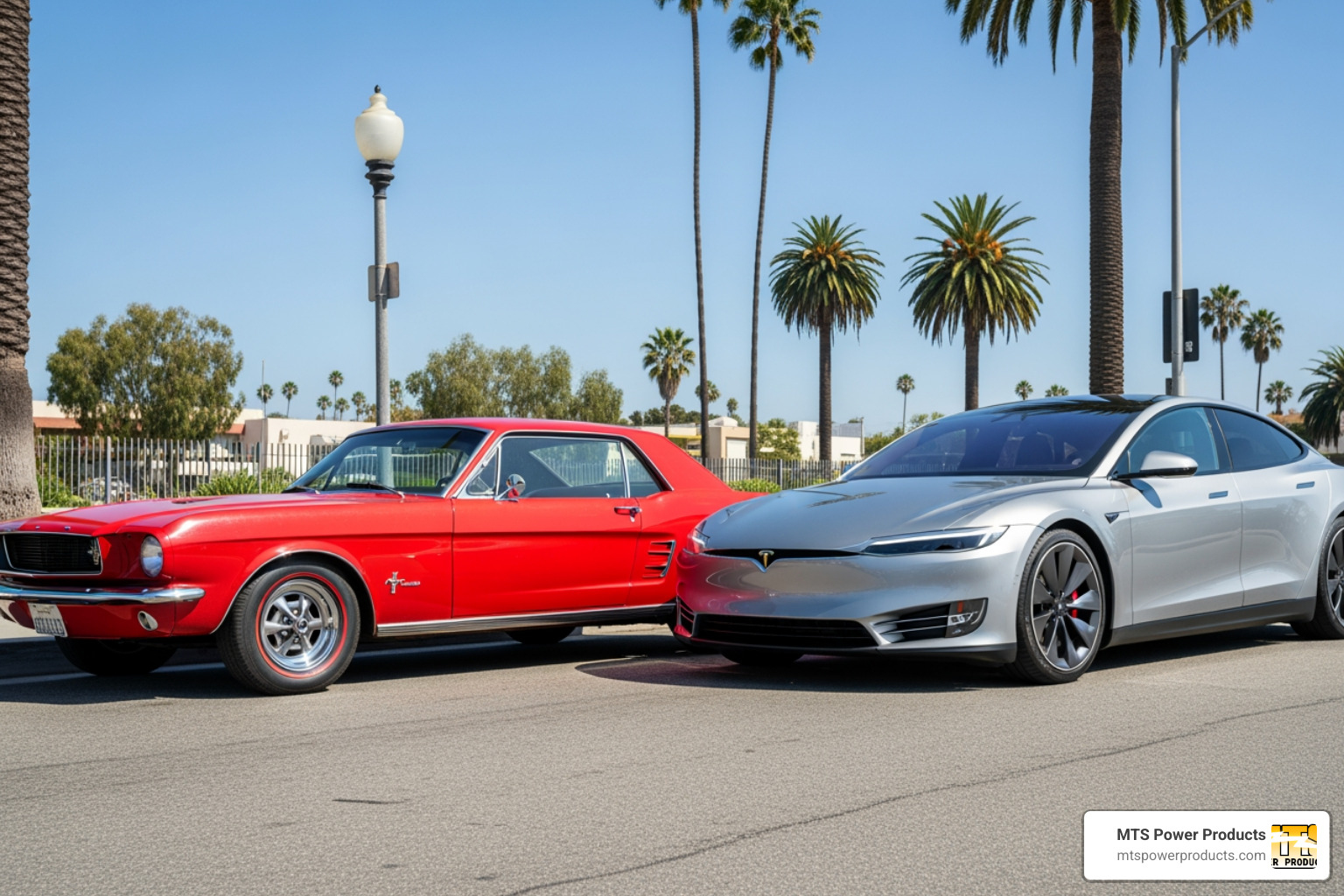 classic 1960s car contrasted with a sleek 2024 model - enhanced safety features