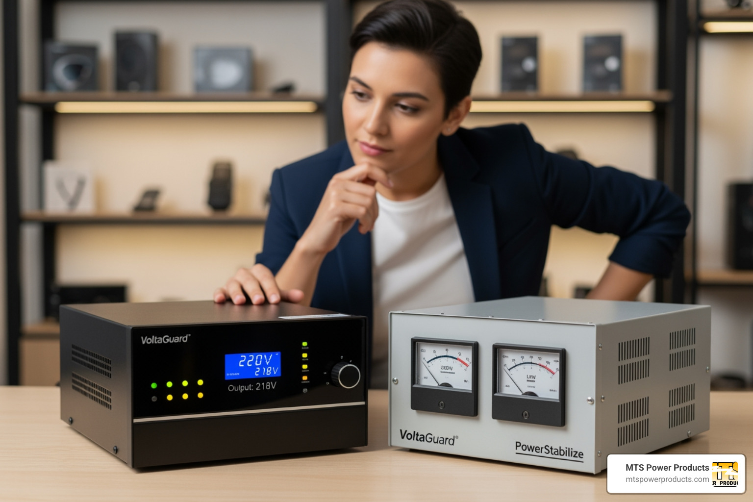 person comparing two different voltage stabilizers online - power stabilizer