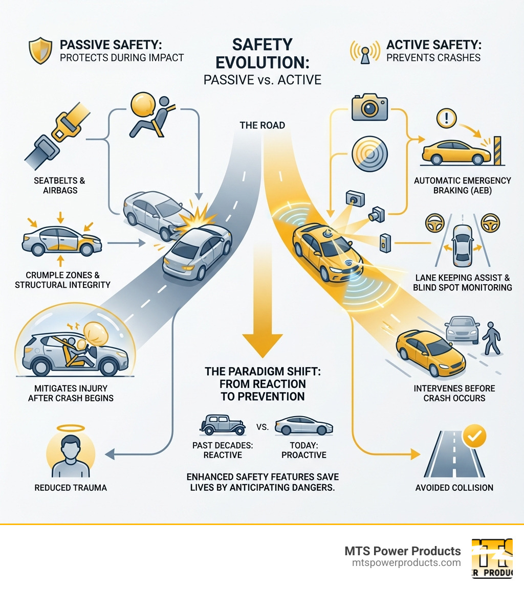 infographic explaining the difference between passive safety features like seatbelts and airbags that protect during crashes versus active safety features like AEB and lane assist that prevent crashes from occurring - enhanced safety features infographic 