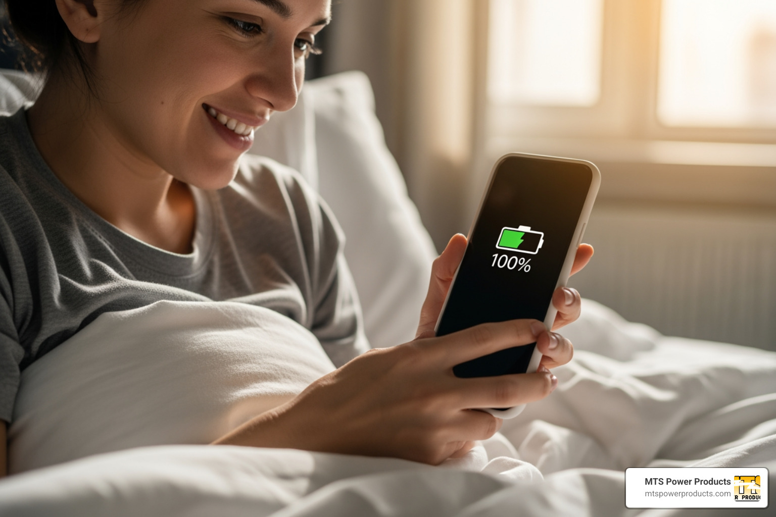 A person waking up in the morning and happily checking their phone, which displays a 100% charge, implying the optimized charging completed just in time - Optimized battery charging