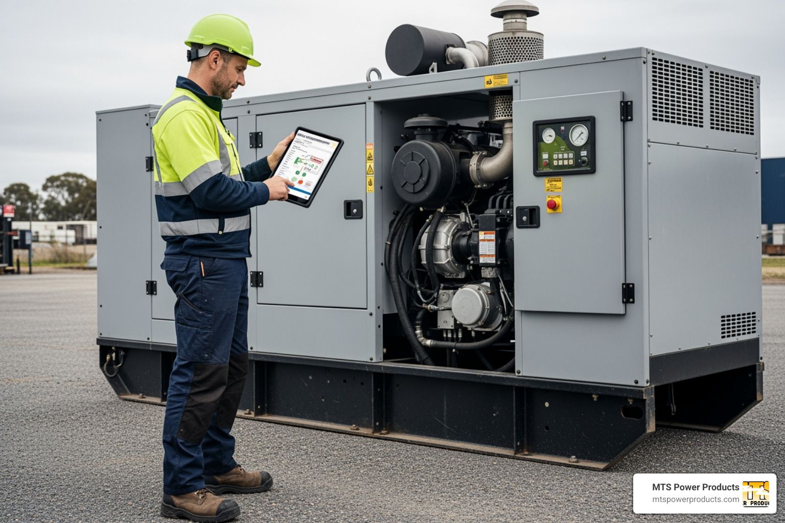 Technician reviewing power needs on a tablet in front of a generator - commercial generator rental