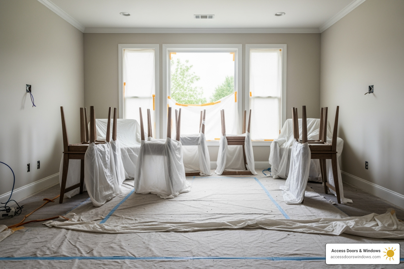 Cleared-out room with furniture covered, ready for window installation - how long does it take to install hurricane impact windows