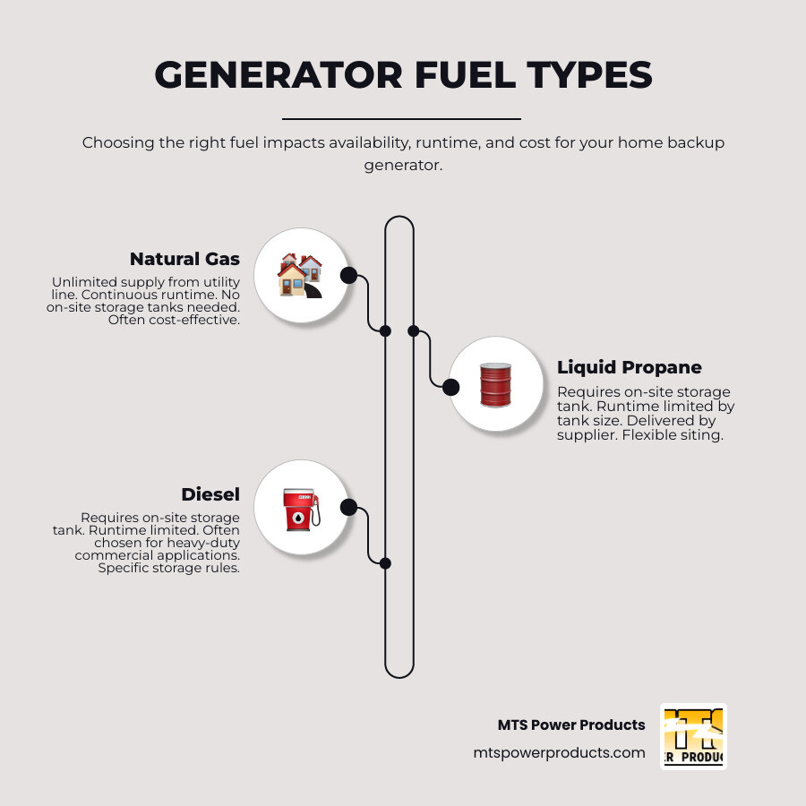 Table comparing Natural Gas vs. Liquid Propane vs. Diesel fuel types - home backup generators for sale infographic infographic-line-3-steps-elegant_beige