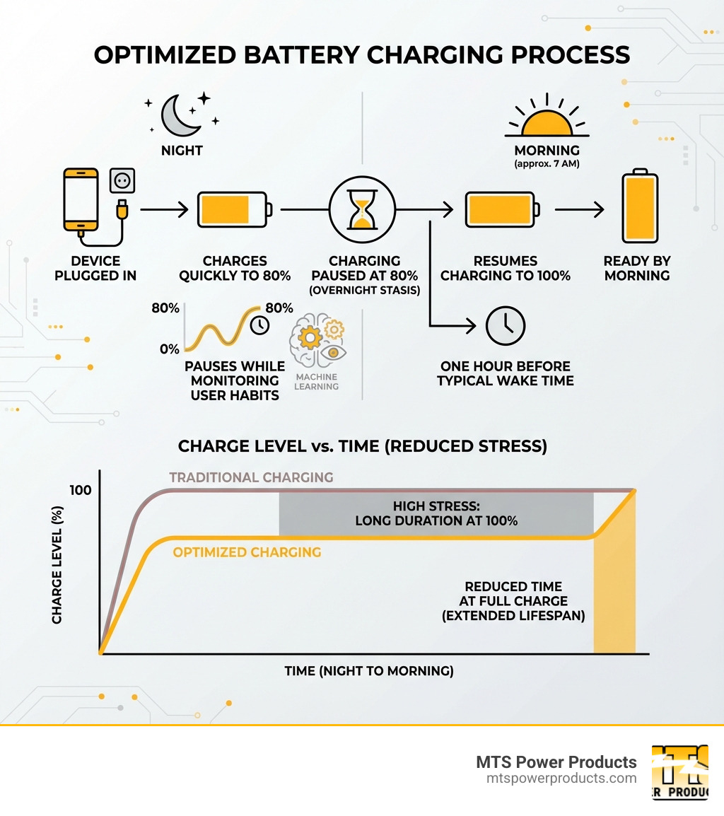 Infographic showing optimized battery charging process: Device plugged in at night, charges quickly to 80%, pauses while monitoring user habits, resumes charging to 100% one hour before typical wake time, with a graph showing reduced time spent at full charge compared to traditional charging - Optimized battery charging infographic 