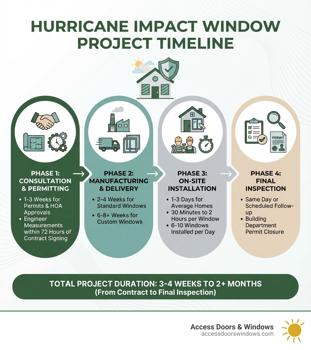 Infographic showing the four main phases of hurricane impact window projects: Phase 1 - Consultation & Permitting (1-3 weeks for permits and HOA approvals, engineer measurements within 72 hours of contract signing), Phase 2 - Manufacturing & Delivery (2-4 weeks for standard windows, 6-8+ weeks for custom windows), Phase 3 - On-Site Installation (1-3 days for average homes, 30 minutes to 2 hours per window, 6-10 windows installed per day), Phase 4 - Final Inspection (same day or scheduled follow-up, building department permit closure) - how long does it take to install hurricane impact windows infographic 