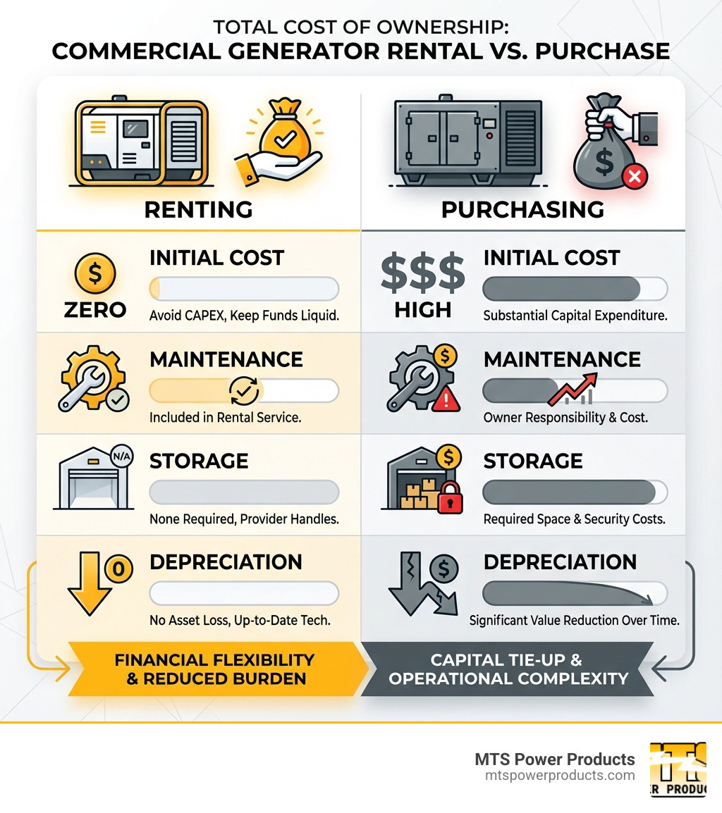 Table comparing the total cost of ownership for renting vs. purchasing a commercial generator, including initial cost, maintenance, storage, and depreciation - commercial generator rental infographic 
