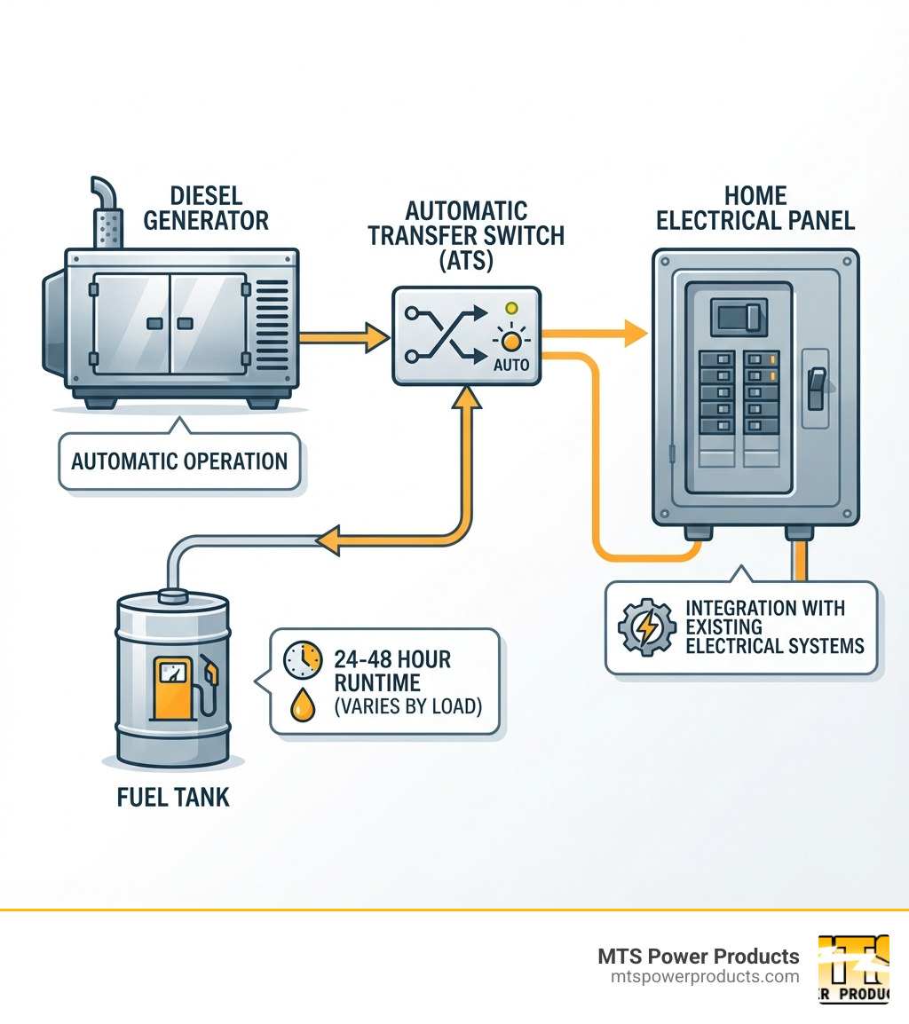 Infographic showing the components of a home diesel backup power system including the generator, automatic transfer switch, fuel tank, and home electrical panel, with callouts indicating key features like automatic operation, 24-48 hour runtime, and integration with existing electrical systems - backup diesel generator for home infographic 