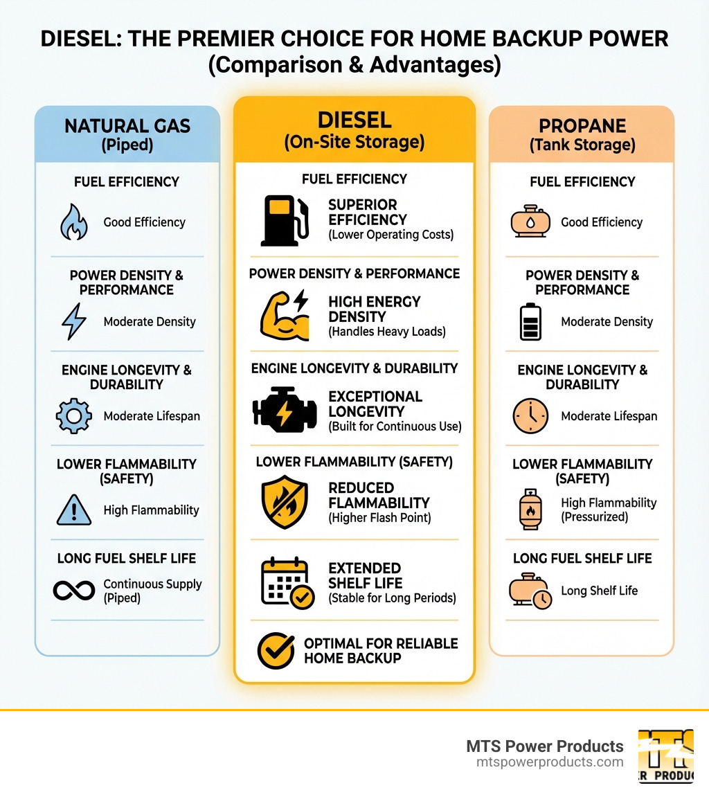 Table comparing Diesel generators to other fuel types (natural gas, propane) for context, but focusing on diesel advantages. - backup diesel generator for home infographic 