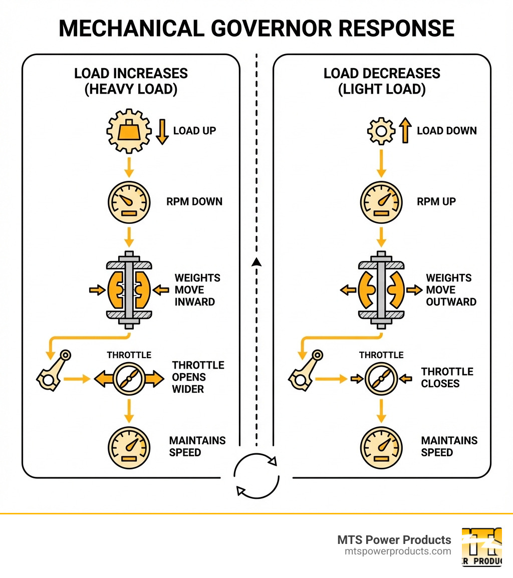 Infographic showing how a mechanical governor responds to engine load changes: when load increases and RPM drops, centrifugal weights move inward, allowing the throttle to open wider; when load decreases and RPM rises, weights move outward and close the throttle to maintain constant speed - adjusting tecumseh governor infographic 