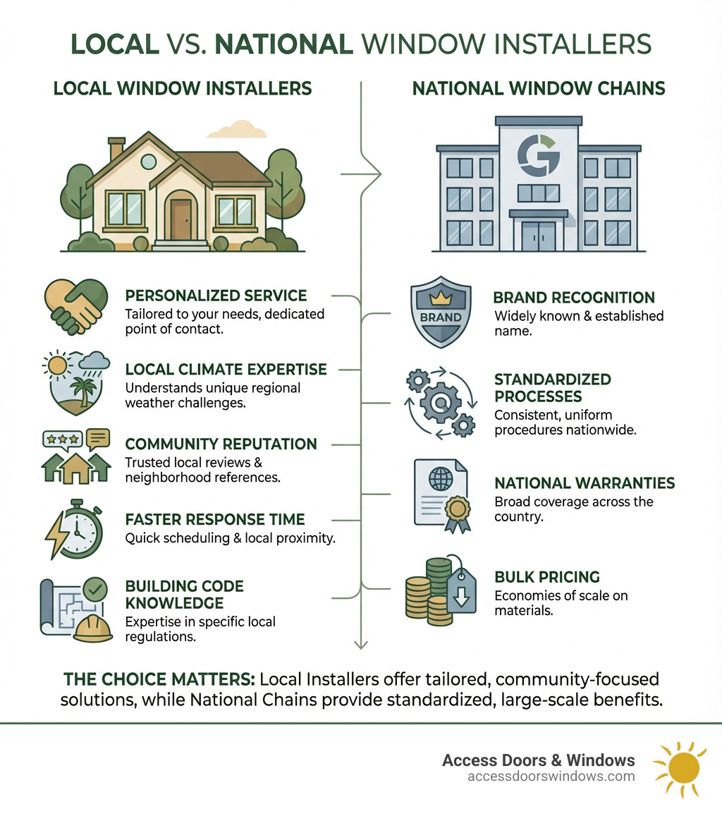 infographic comparing local vs national window installers showing factors like personalized service, local climate expertise, community reputation, response time, and building code knowledge for local installers versus brand recognition, standardized processes, national warranties, and bulk pricing for national chains - local window installers infographic infographic comparing local vs national window installers showing factors like personalized service, local climate expertise, community reputation, response time, and building code knowledge for local installers versus brand recognition, standardized processes, national warranties, and bulk pricing for national chains - local window installers infographic
