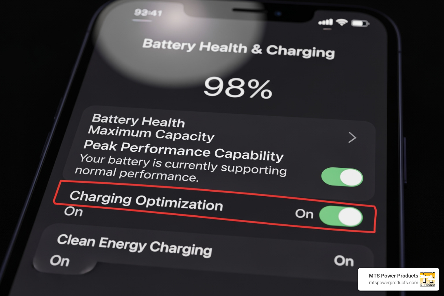 Screenshot of iPhone settings screen showing "Battery Health & Charging" menu with "Optimized Battery Charging" toggle - Optimized battery charging