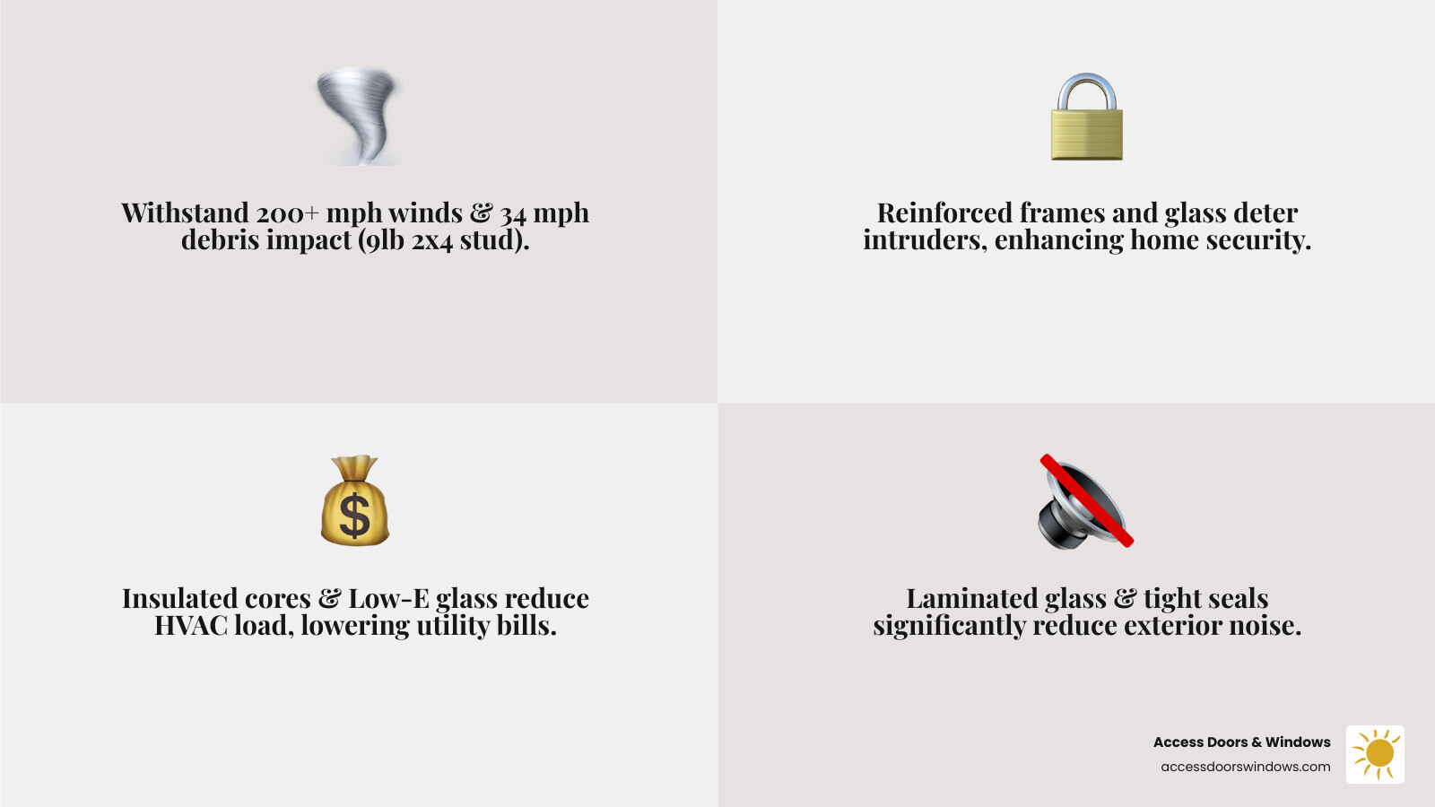 Infographic showing the top 4 benefits of impact doors: Hurricane Protection with wind and debris icons, Intruder Security with a lock shield, Energy Savings with a dollar sign and thermometer, and Noise Reduction with soundwave dampening visuals - door impact infographic 4_facts_emoji_grey Infographic showing the top 4 benefits of impact doors: Hurricane Protection with wind and debris icons, Intruder Security with a lock shield, Energy Savings with a dollar sign and thermometer, and Noise Reduction with soundwave dampening visuals - door impact infographic 4_facts_emoji_grey