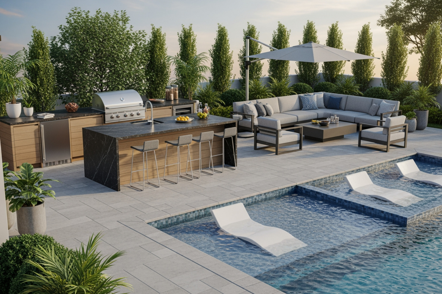 3D design rendering of outdoor kitchen and lounge by pool - design an outdoor space 3D design rendering of outdoor kitchen and lounge by pool - design an outdoor space